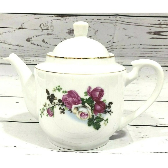Vintage Tea Pot White & Pink Rose Porcelain - Picture 1 of 10